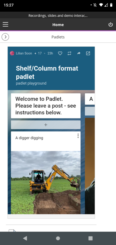 Screenshot of a shelf-type Padlet embedded on a VLE and viewed in the mobile browser.
