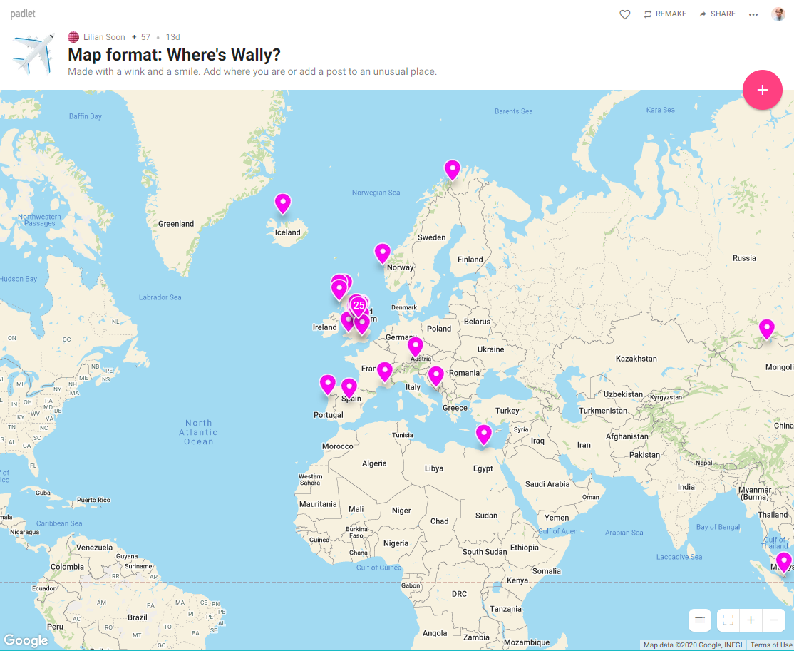 Map format Padlet with pins in many locations.
