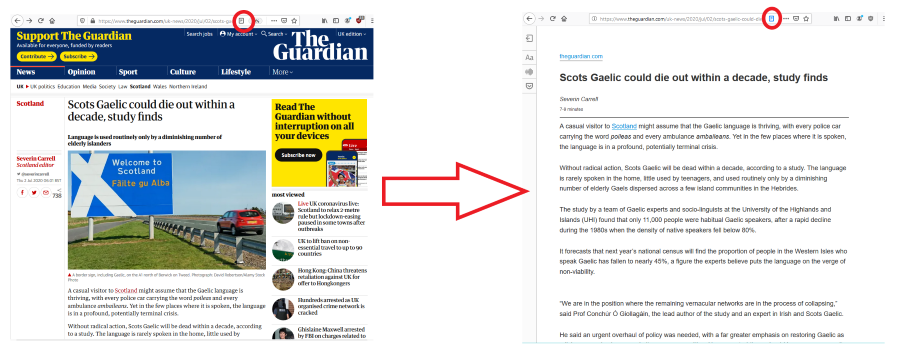 Newspaper article with lots of images next to the same article in the Firefox ReaderView with clutter removed.